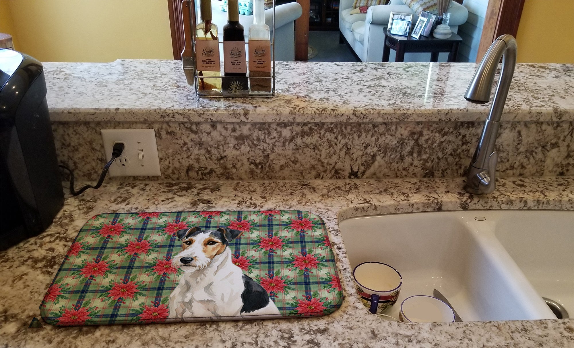 Smooth Fox Terrier Christmas PoinsettIas Dish Drying Mat Absorbent Dish Drying Mat Pad for Kitchen Counter Dish Drainer Mat for Countertop, 14 x 21", Multicolor