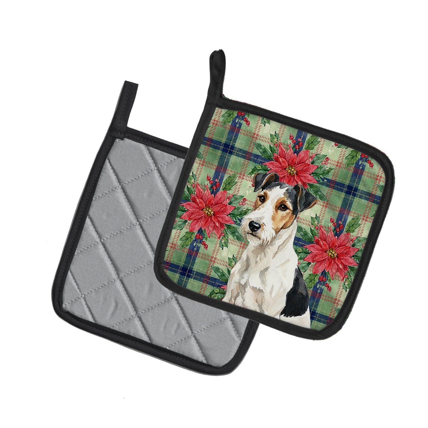 Smooth Fox Terrier Christmas PoinsettIas Pot Holder Set of 2 Heat Resistant Quilted Hot Pads 7.5 x 7.5 Inch, Insulated Kitchen Trivets for Cooking & Baking