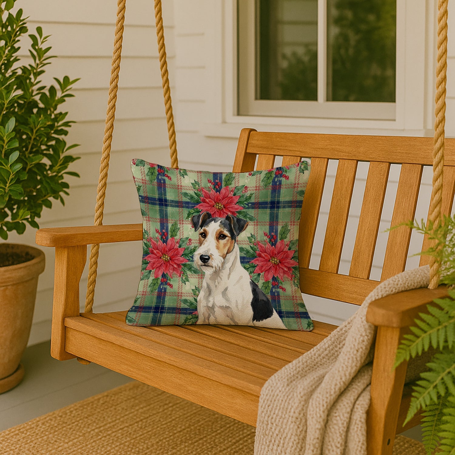 Smooth Fox Terrier Christmas PoinsettIas Decorative Throw Pillow 18x18 Indoor Outdoor Accent Cushion, Fabric Cover with Insert for Sofa, Bed, Porch & Living Room