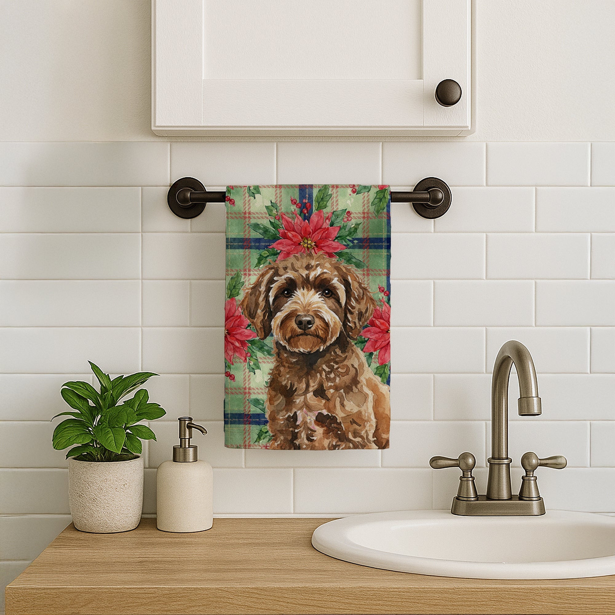 Spanish Water Dog Christmas PoinsettIas Kitchen Towel Velour Plush Front and Cotton Loop Back Machine Washable