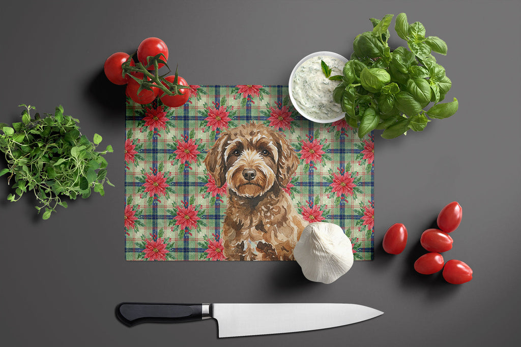 Spanish Water Dog Christmas PoinsettIas Cutting Board Tempered Glass Kitchen Cutting Surface, Heat Resistant Chopping, Non-Slip Feet, Food Prep & Serving