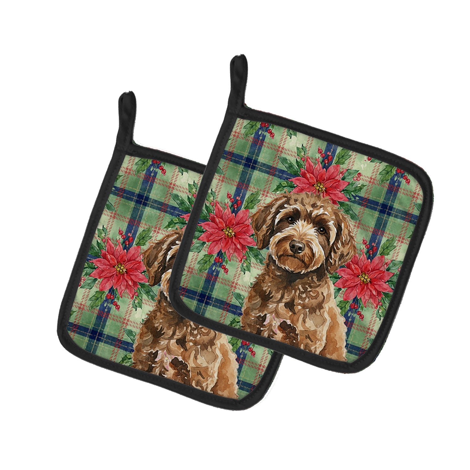 Spanish Water Dog Christmas PoinsettIas Pot Holder Set of 2 Heat Resistant Quilted Hot Pads 7.5 x 7.5 Inch, Insulated Kitchen Trivets for Cooking & Baking
