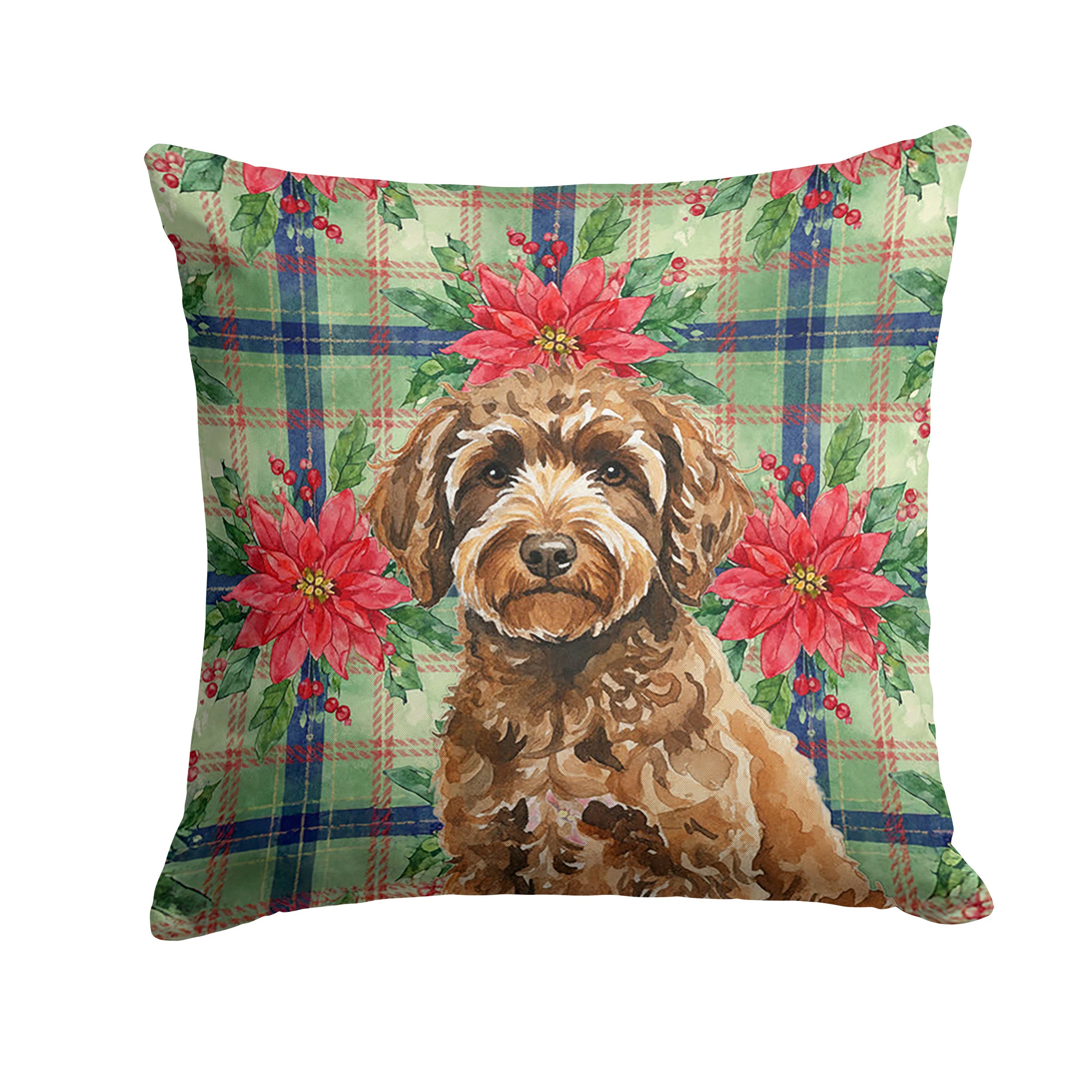 Spanish Water Dog Christmas PoinsettIas Decorative Throw Pillow 18x18 Indoor Outdoor Accent Cushion, Fabric Cover with Insert for Sofa, Bed, Porch & Living Room