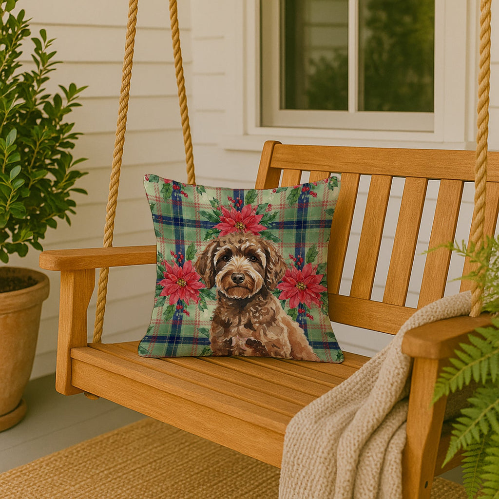 Spanish Water Dog Christmas PoinsettIas Decorative Throw Pillow 18x18 Indoor Outdoor Accent Cushion, Fabric Cover with Insert for Sofa, Bed, Porch & Living Room