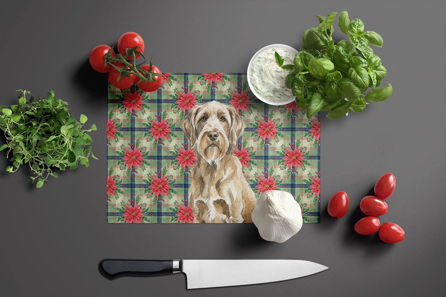 Spinone Italiano Christmas PoinsettIas Cutting Board Tempered Glass Kitchen Cutting Surface, Heat Resistant Chopping, Non-Slip Feet, Food Prep & Serving