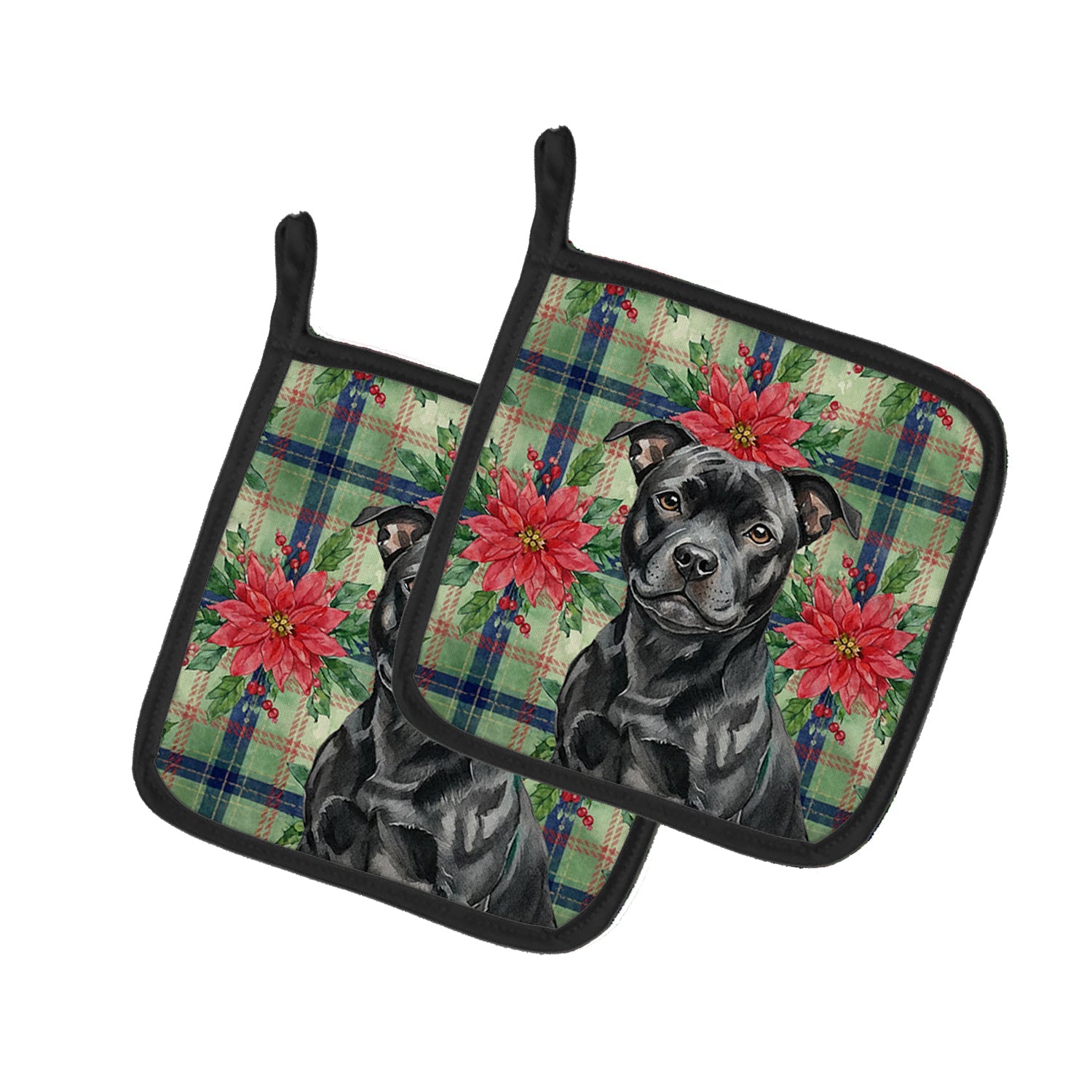 Black Staffordshire Bull Terrier Christmas PoinsettIas Pot Holder Set of 2 Heat Resistant Quilted Hot Pads 7.5 x 7.5 Inch, Insulated Kitchen Trivets for Cooking & Baking