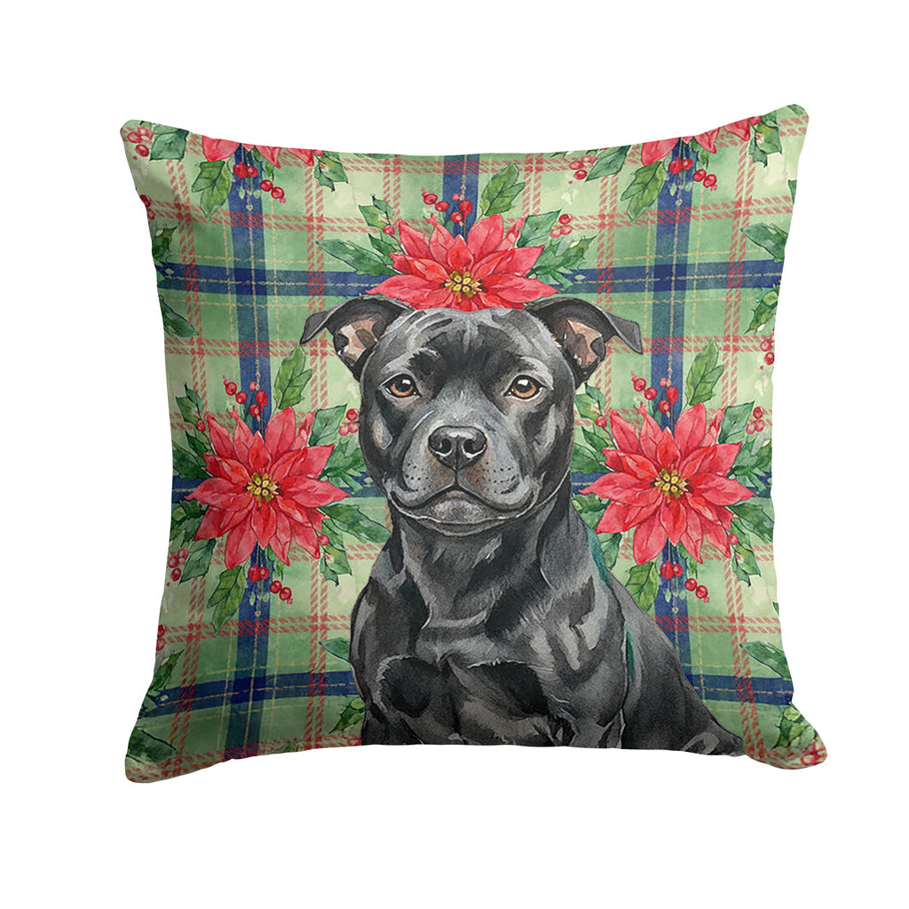 Black Staffordshire Bull Terrier Christmas PoinsettIas Decorative Throw Pillow 14x14 Indoor Outdoor Accent Cushion, Fabric Cover with Insert for Sofa, Bed, Porch & Living Room