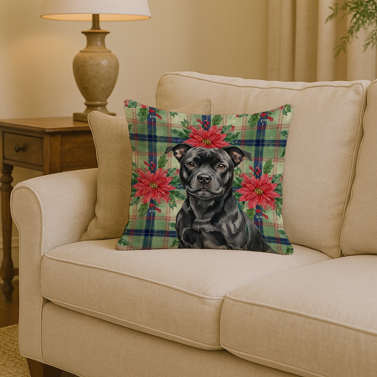 Black Staffordshire Bull Terrier Christmas PoinsettIas Decorative Throw Pillow 14x14 Indoor Outdoor Accent Cushion, Fabric Cover with Insert for Sofa, Bed, Porch & Living Room