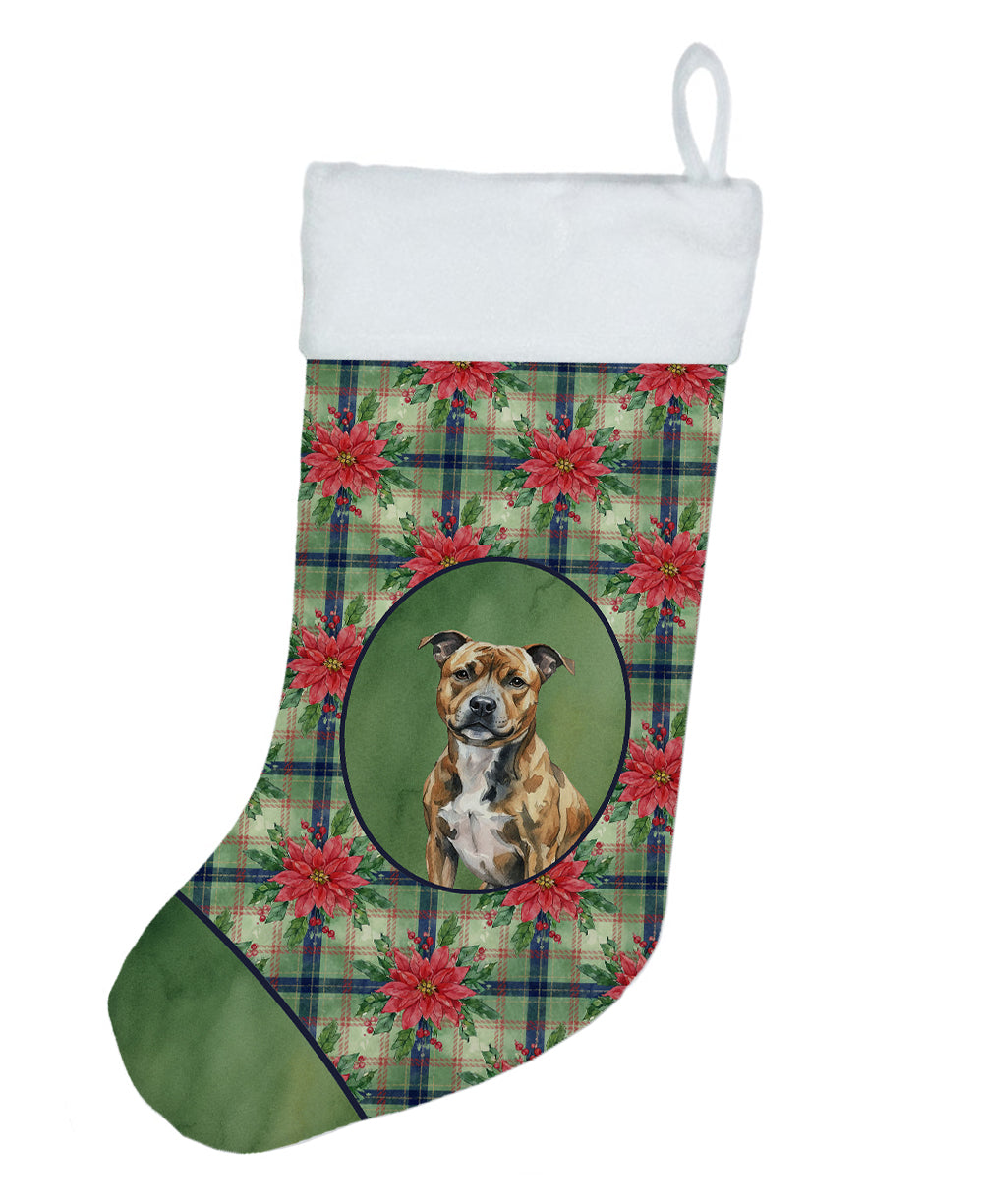 Brindle Staffordshire Bull Terrier Christmas PoinsettIas Holiday Stocking Double-Sided Print, Polyester Suede,11x18, Made in USA