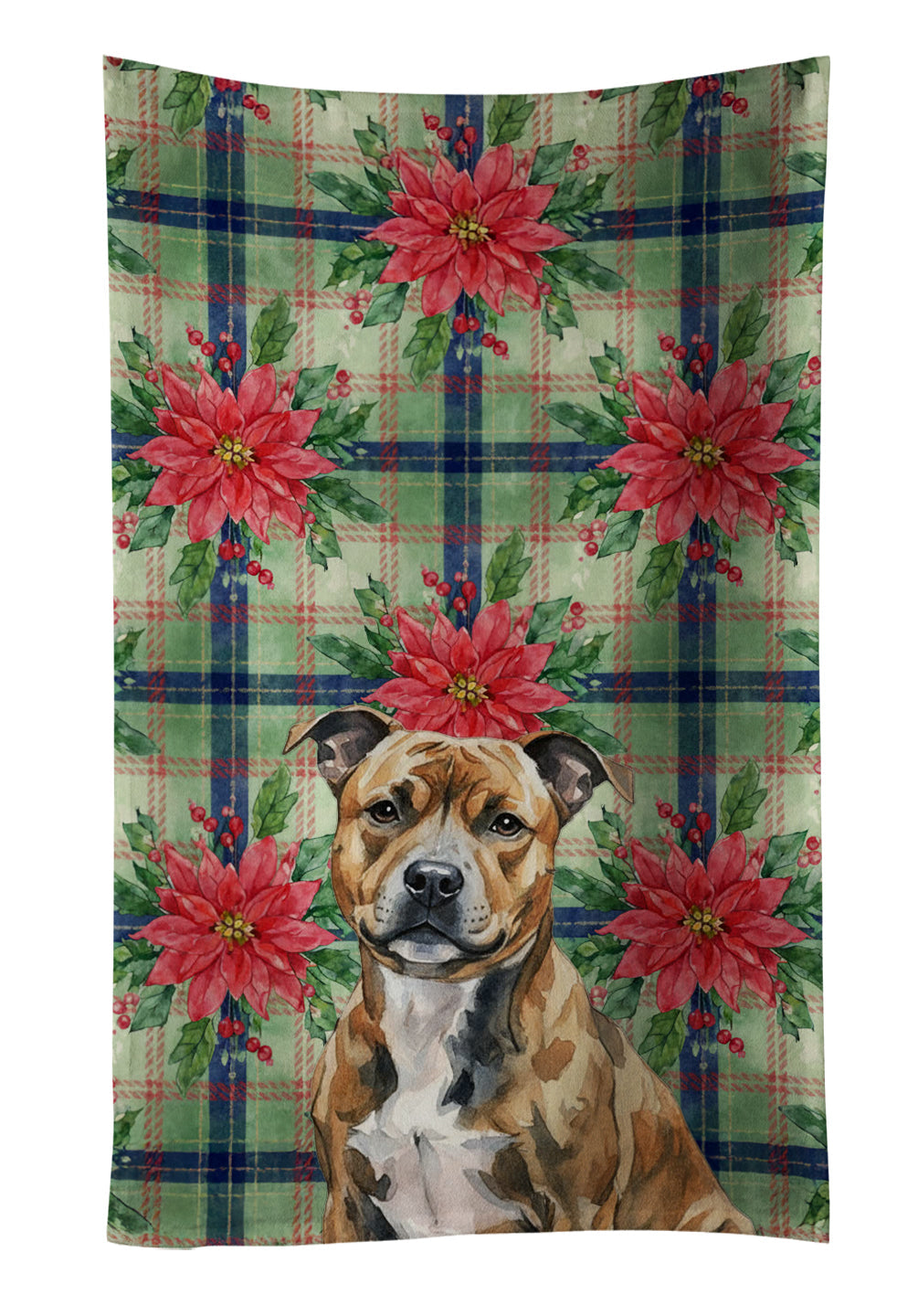 Brindle Staffordshire Bull Terrier Christmas PoinsettIas Kitchen Towel Velour Plush Front and Cotton Loop Back Machine Washable