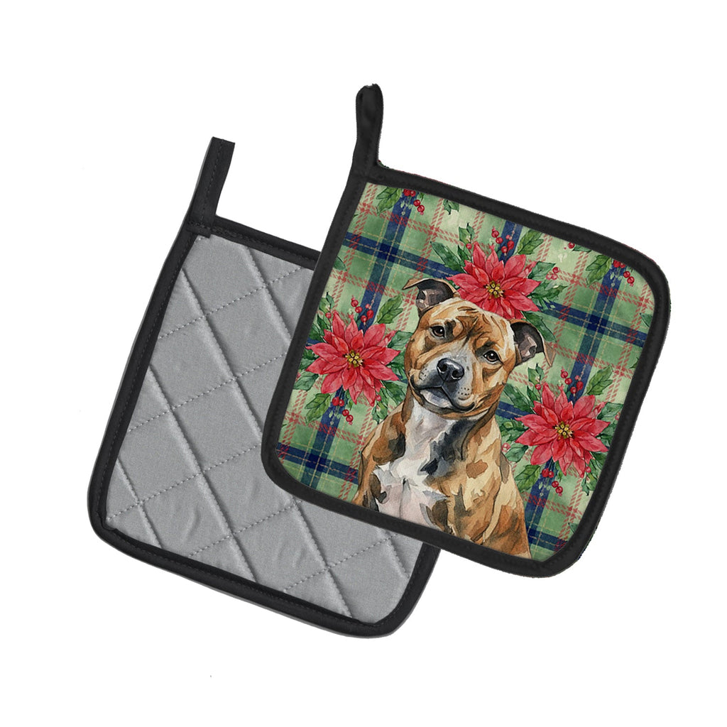 Brindle Staffordshire Bull Terrier Christmas PoinsettIas Pot Holder Set of 2 Heat Resistant Quilted Hot Pads 7.5 x 7.5 Inch, Insulated Kitchen Trivets for Cooking & Baking