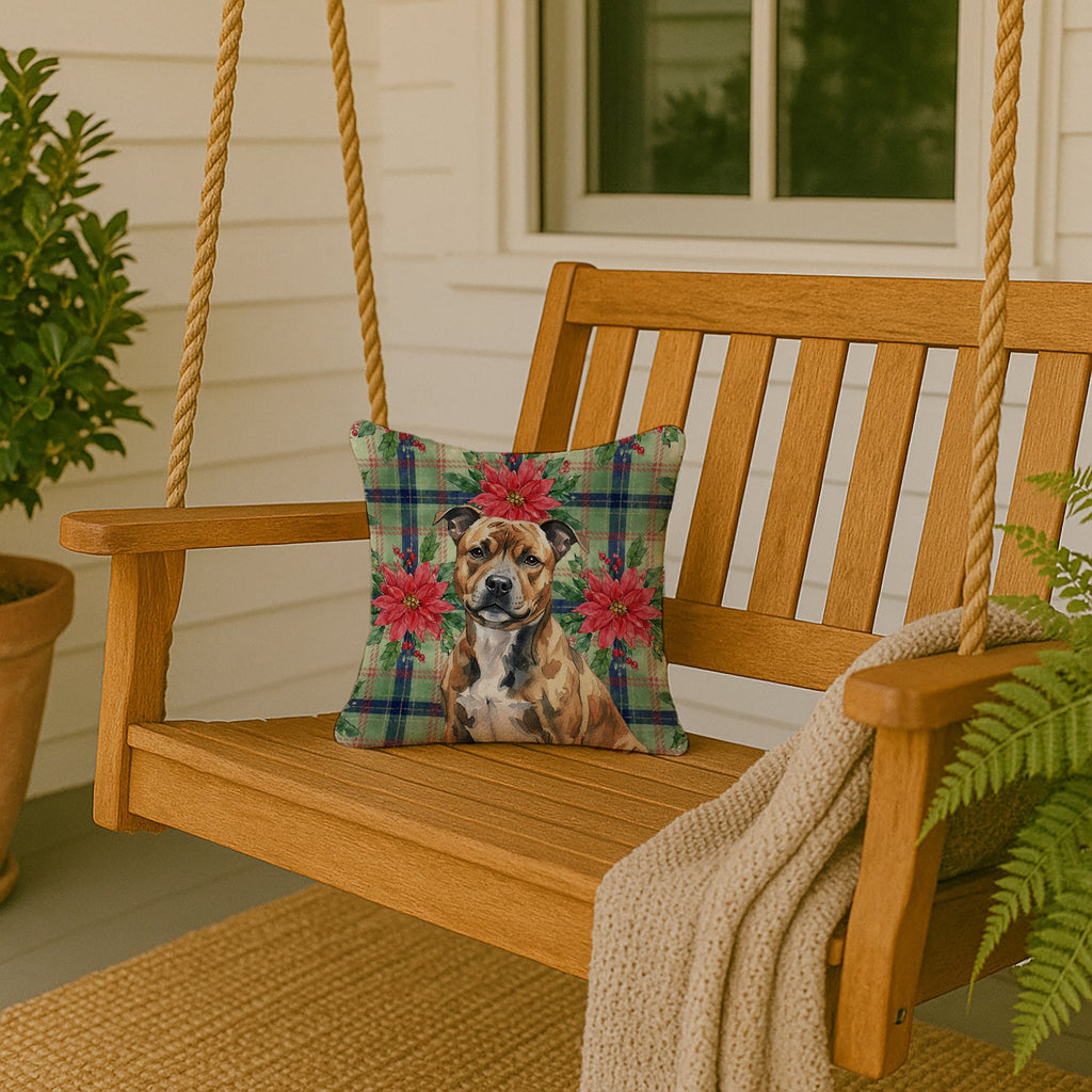 Brindle Staffordshire Bull Terrier Christmas PoinsettIas Decorative Throw Pillow 14x14 Indoor Outdoor Accent Cushion, Fabric Cover with Insert for Sofa, Bed, Porch & Living Room