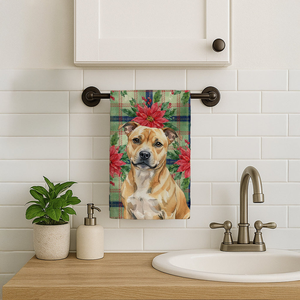 Fawn Staffordshire Bull Terrier Christmas PoinsettIas Kitchen Towel Velour Plush Front and Cotton Loop Back Machine Washable