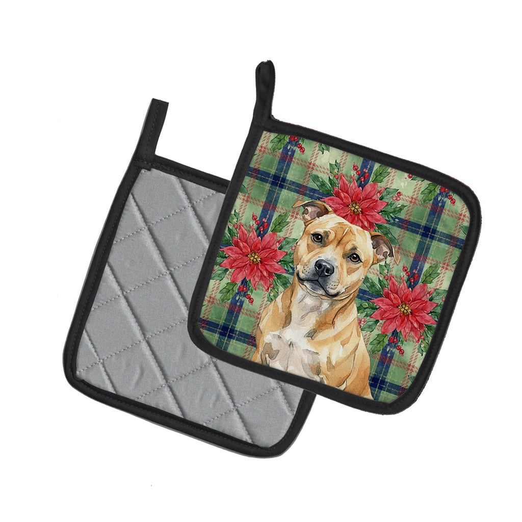 Fawn Staffordshire Bull Terrier Christmas PoinsettIas Pot Holder Set of 2 Heat Resistant Quilted Hot Pads 7.5 x 7.5 Inch, Insulated Kitchen Trivets for Cooking & Baking