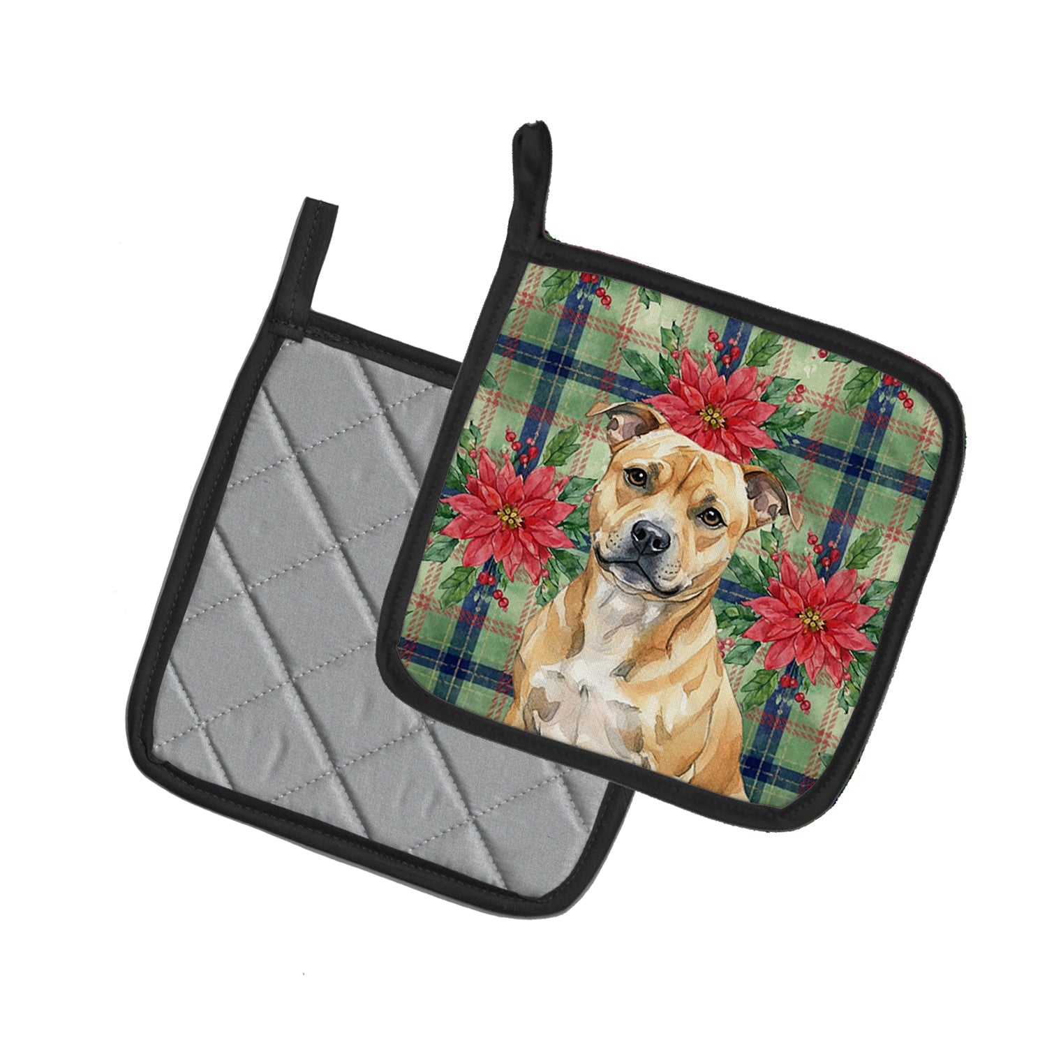 Fawn Staffordshire Bull Terrier Christmas PoinsettIas Pot Holder Set of 2 Heat Resistant Quilted Hot Pads 7.5 x 7.5 Inch, Insulated Kitchen Trivets for Cooking & Baking