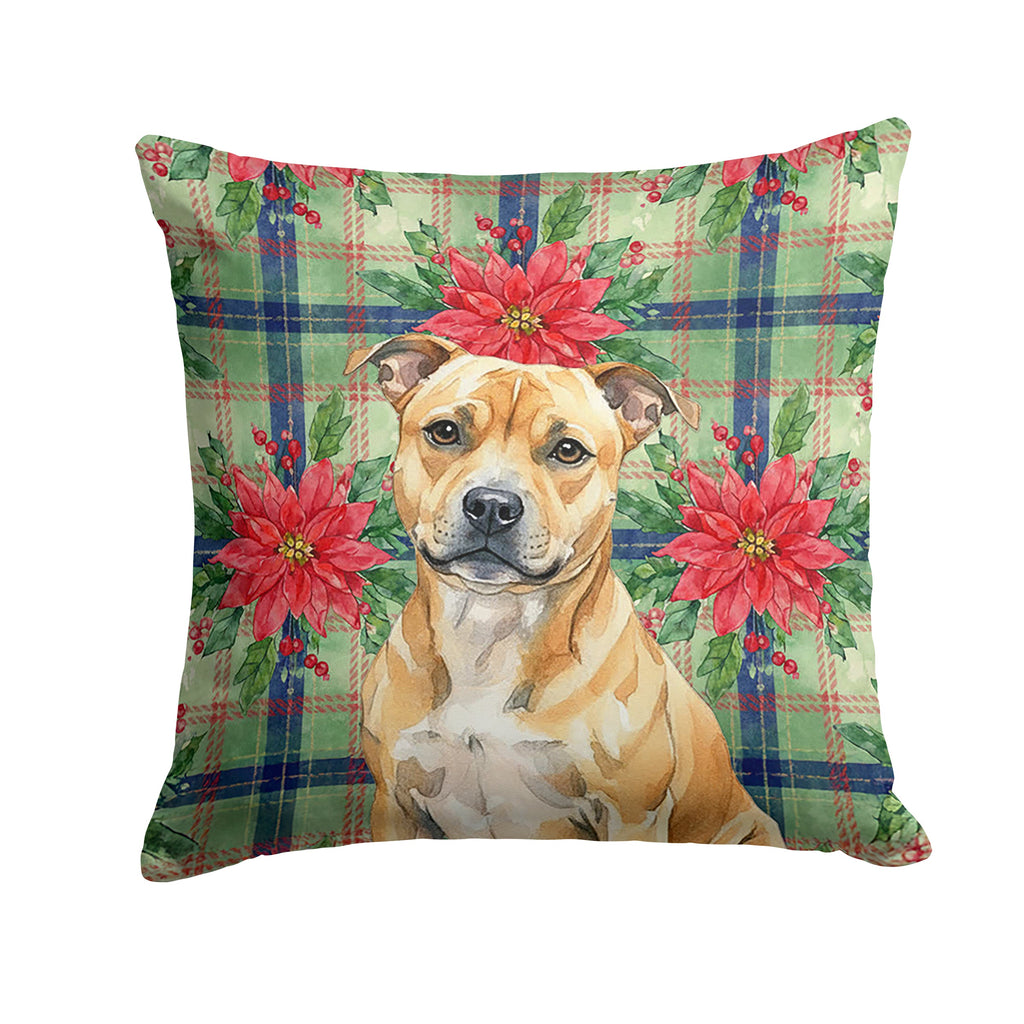 Fawn Staffordshire Bull Terrier Christmas PoinsettIas Decorative Throw Pillow 18x18 Indoor Outdoor Accent Cushion, Fabric Cover with Insert for Sofa, Bed, Porch & Living Room
