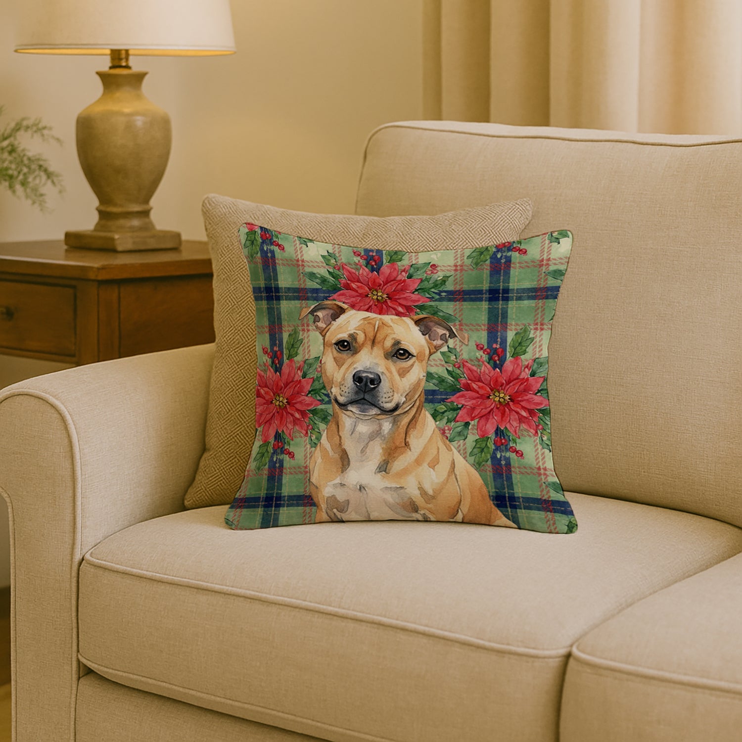 Fawn Staffordshire Bull Terrier Christmas PoinsettIas Decorative Throw Pillow 18x18 Indoor Outdoor Accent Cushion, Fabric Cover with Insert for Sofa, Bed, Porch & Living Room
