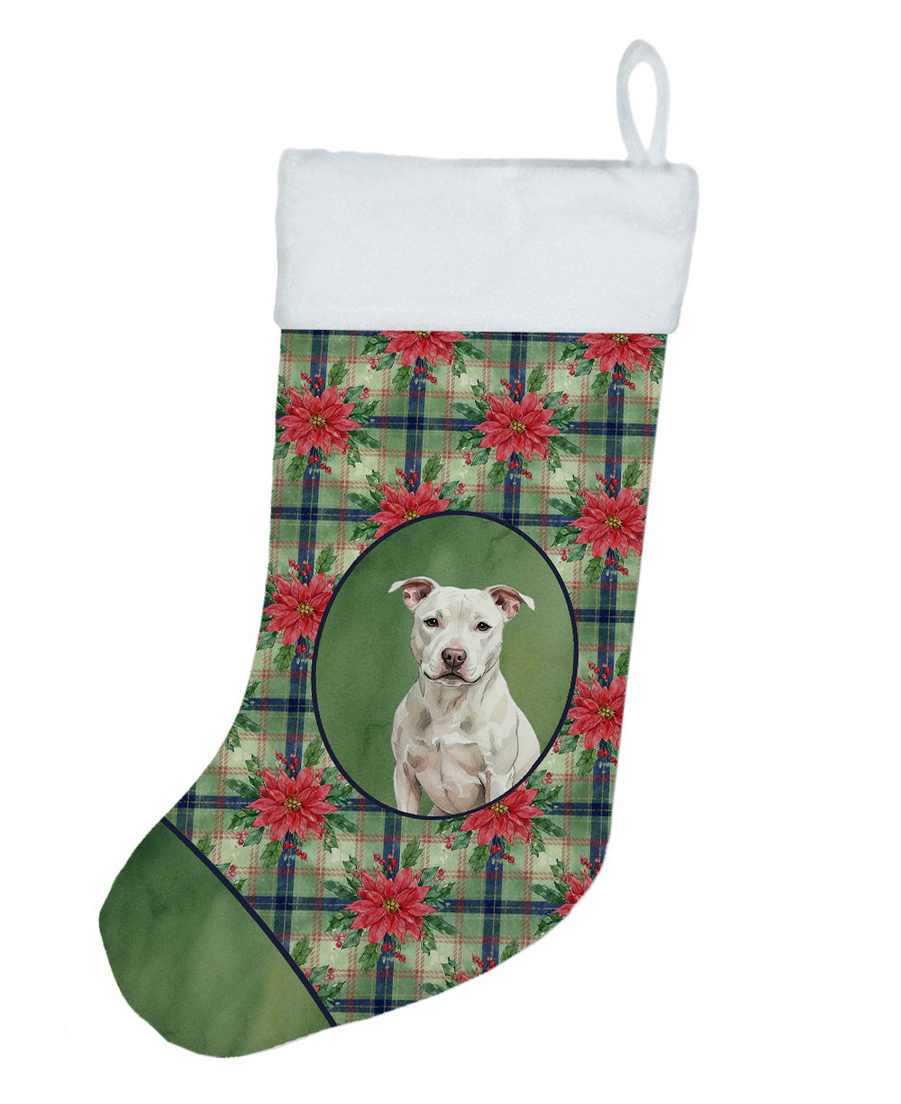 White Staffordshire Bull Terrier Christmas PoinsettIas Holiday Stocking Double-Sided Print, Polyester Suede,11x18, Made in USA