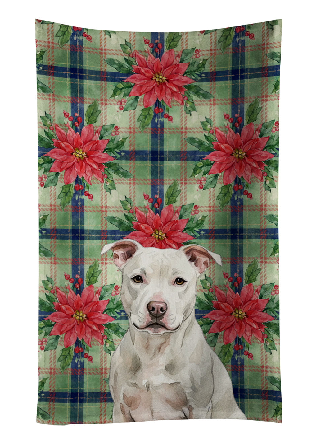 White Staffordshire Bull Terrier Christmas PoinsettIas Kitchen Towel Velour Plush Front and Cotton Loop Back Machine Washable