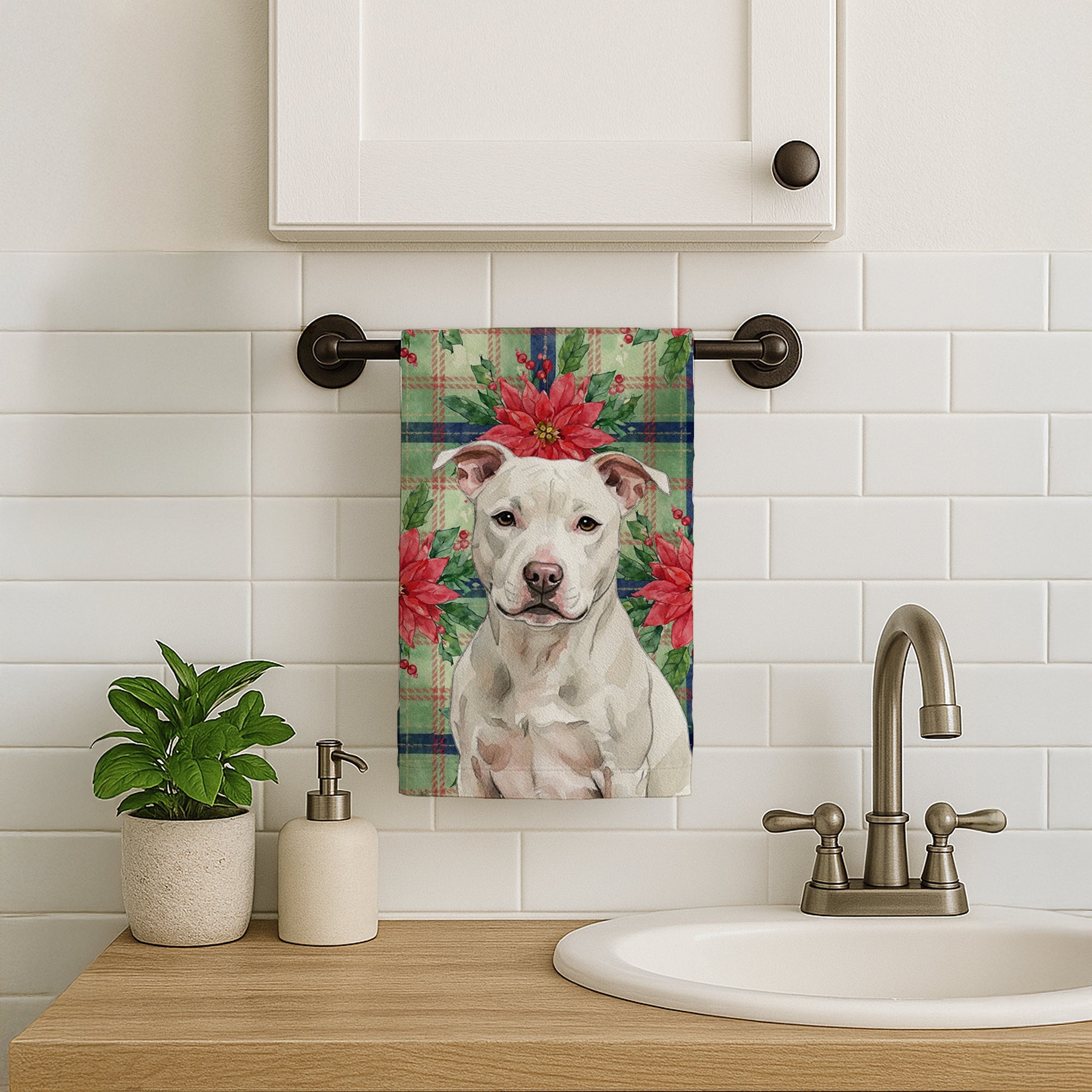 White Staffordshire Bull Terrier Christmas PoinsettIas Kitchen Towel Velour Plush Front and Cotton Loop Back Machine Washable