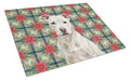 White Staffordshire Bull Terrier Christmas PoinsettIas Cutting Board Tempered Glass Kitchen Cutting Surface, Heat Resistant Chopping, Non-Slip Feet, Food Prep & Serving