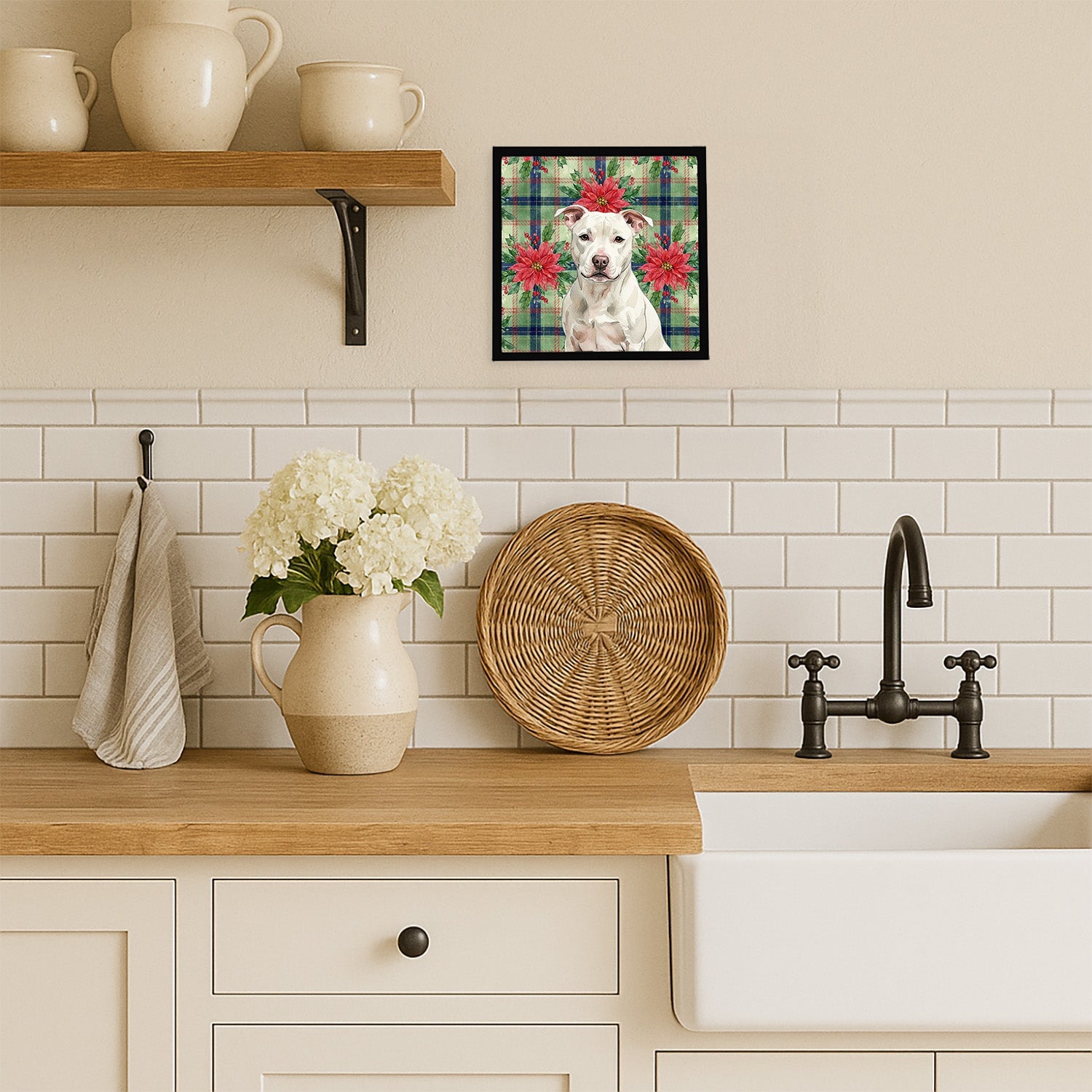 White Staffordshire Bull Terrier Christmas PoinsettIas Framed Metal Print Bathroom, Kitchen, Office, Home Decor Wall Art Ready to Hang, Square, 8X8