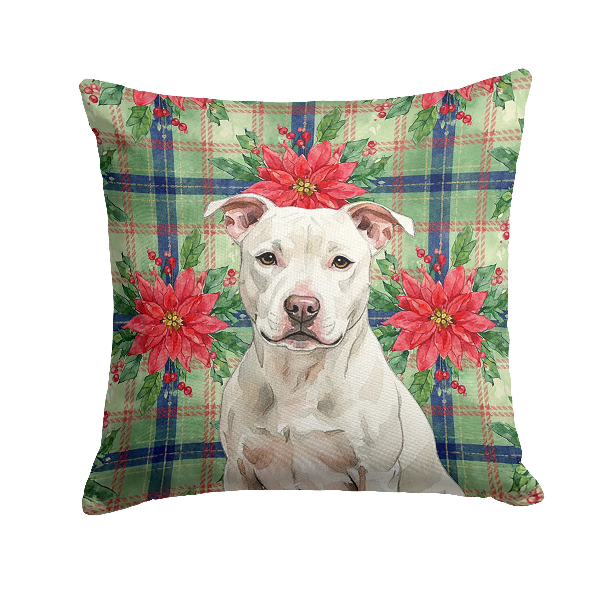 White Staffordshire Bull Terrier Christmas PoinsettIas Decorative Throw Pillow 14x14 Indoor Outdoor Accent Cushion, Fabric Cover with Insert for Sofa, Bed, Porch & Living Room