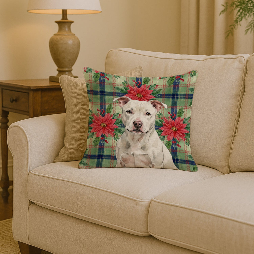 White Staffordshire Bull Terrier Christmas PoinsettIas Decorative Throw Pillow 14x14 Indoor Outdoor Accent Cushion, Fabric Cover with Insert for Sofa, Bed, Porch & Living Room