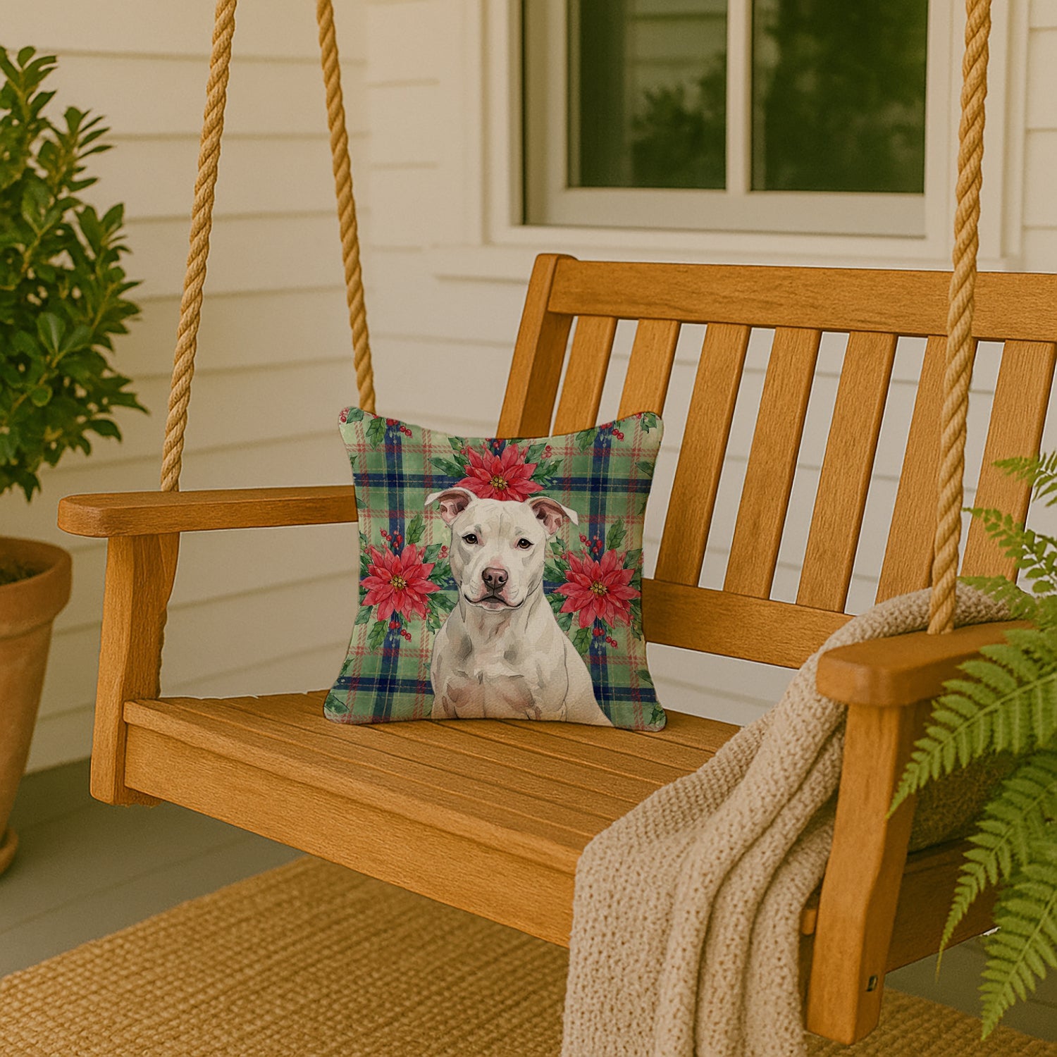 White Staffordshire Bull Terrier Christmas PoinsettIas Decorative Throw Pillow 14x14 Indoor Outdoor Accent Cushion, Fabric Cover with Insert for Sofa, Bed, Porch & Living Room