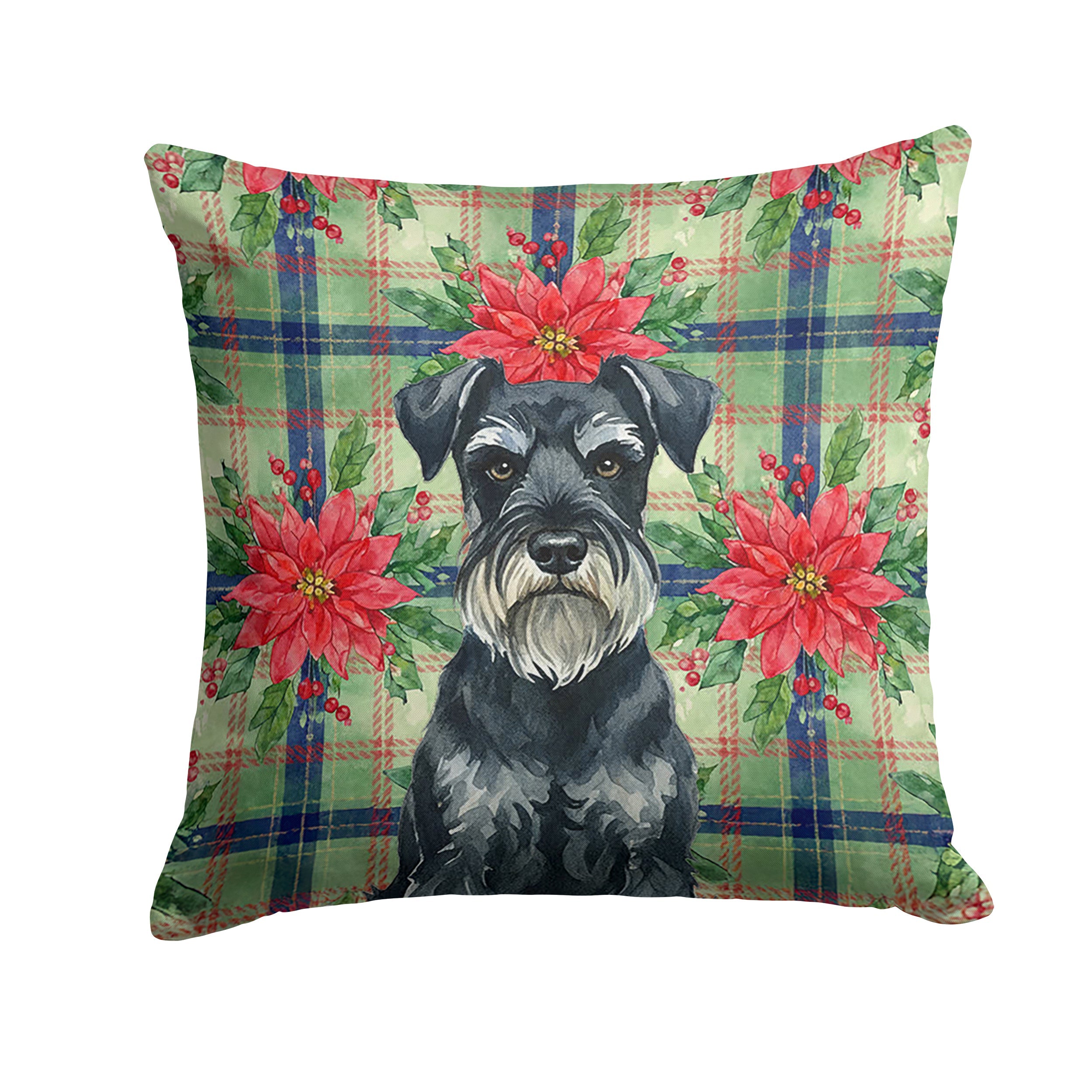 Standard Schnauzer Christmas PoinsettIas Decorative Throw Pillow 18x18 Indoor Outdoor Accent Cushion, Fabric Cover with Insert for Sofa, Bed, Porch & Living Room