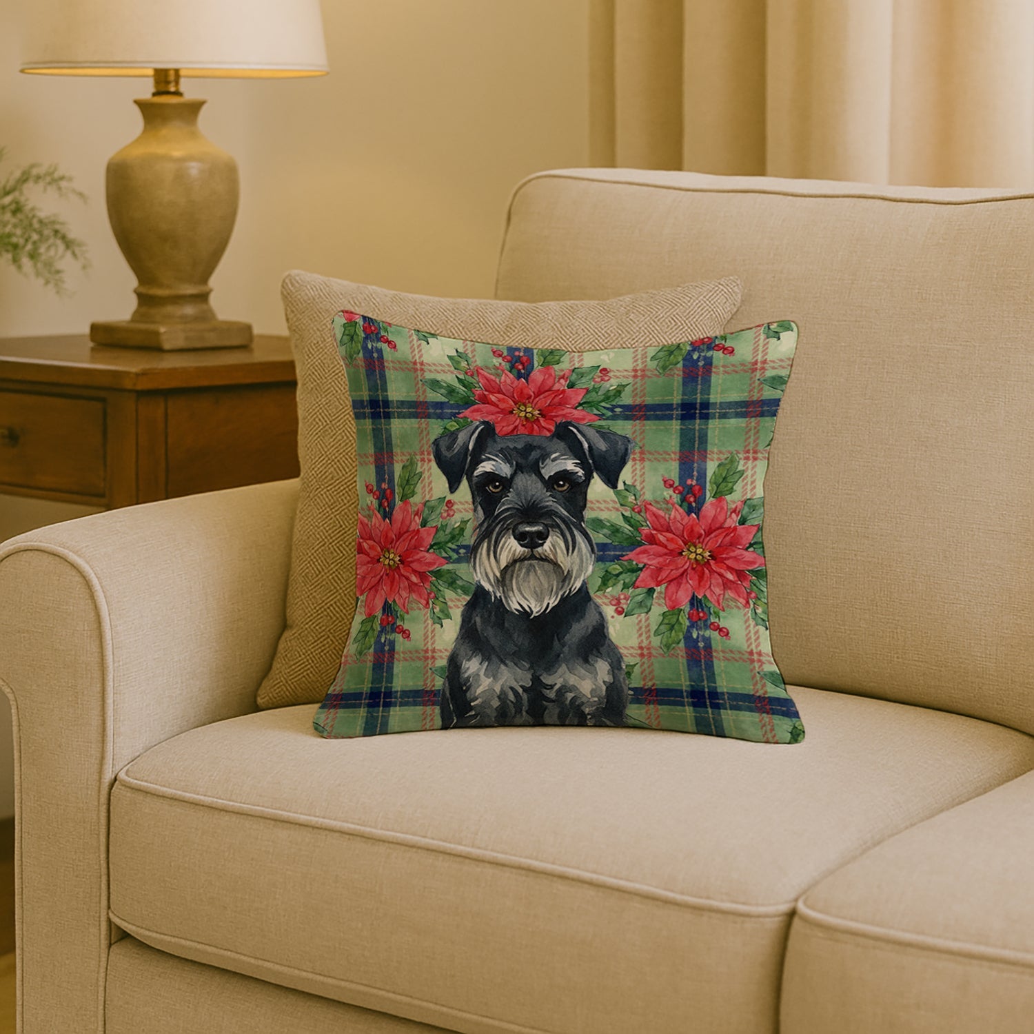 Standard Schnauzer Christmas PoinsettIas Decorative Throw Pillow 18x18 Indoor Outdoor Accent Cushion, Fabric Cover with Insert for Sofa, Bed, Porch & Living Room