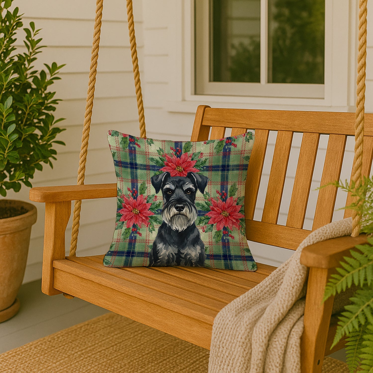 Standard Schnauzer Christmas PoinsettIas Decorative Throw Pillow 18x18 Indoor Outdoor Accent Cushion, Fabric Cover with Insert for Sofa, Bed, Porch & Living Room