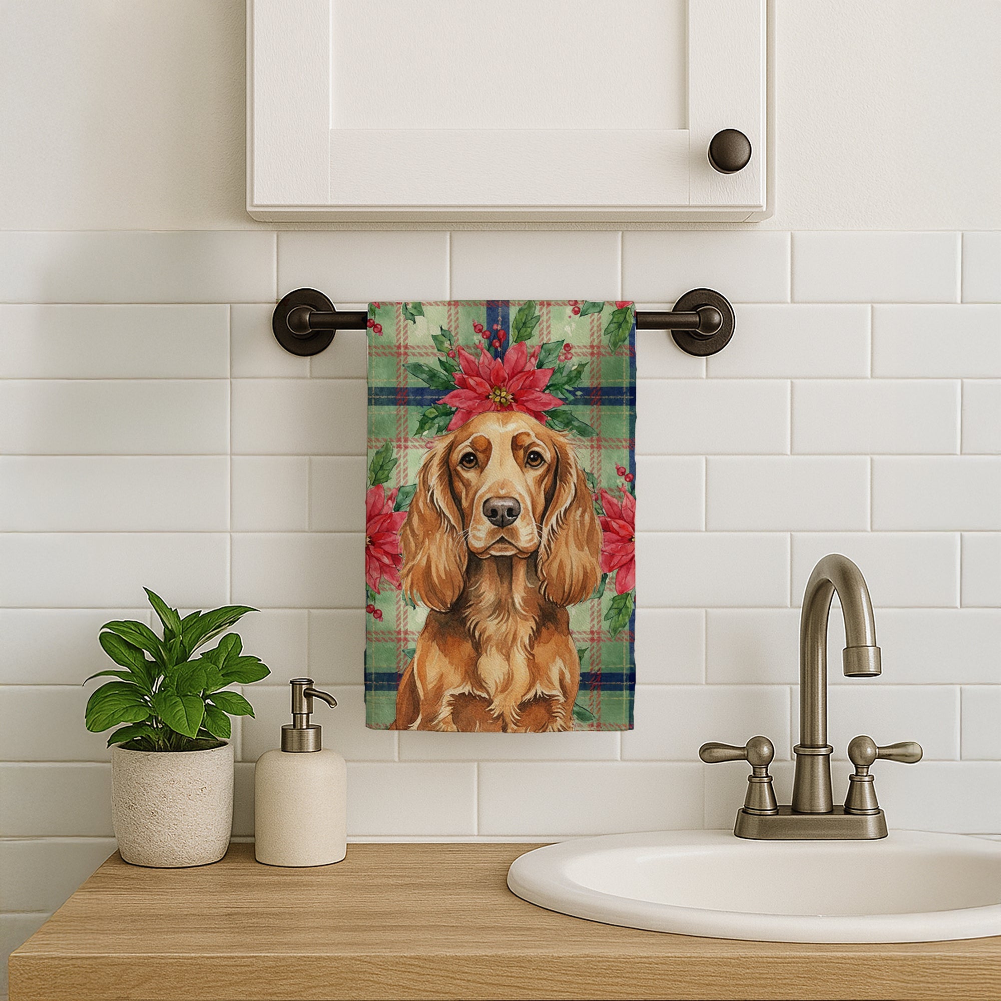 Sussex Spaniel Christmas PoinsettIas Kitchen Towel Velour Plush Front and Cotton Loop Back Machine Washable