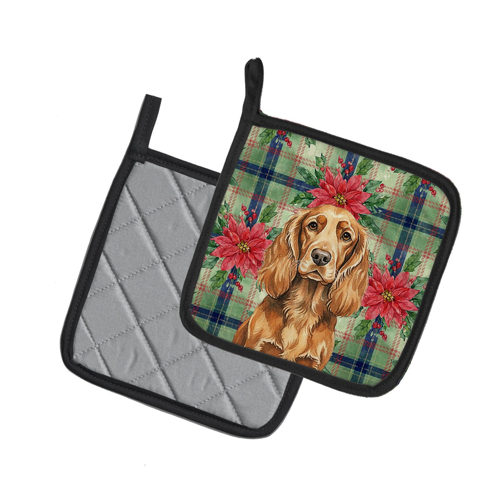 Sussex Spaniel Christmas PoinsettIas Pot Holder Set of 2 Heat Resistant Quilted Hot Pads 7.5 x 7.5 Inch, Insulated Kitchen Trivets for Cooking & Baking
