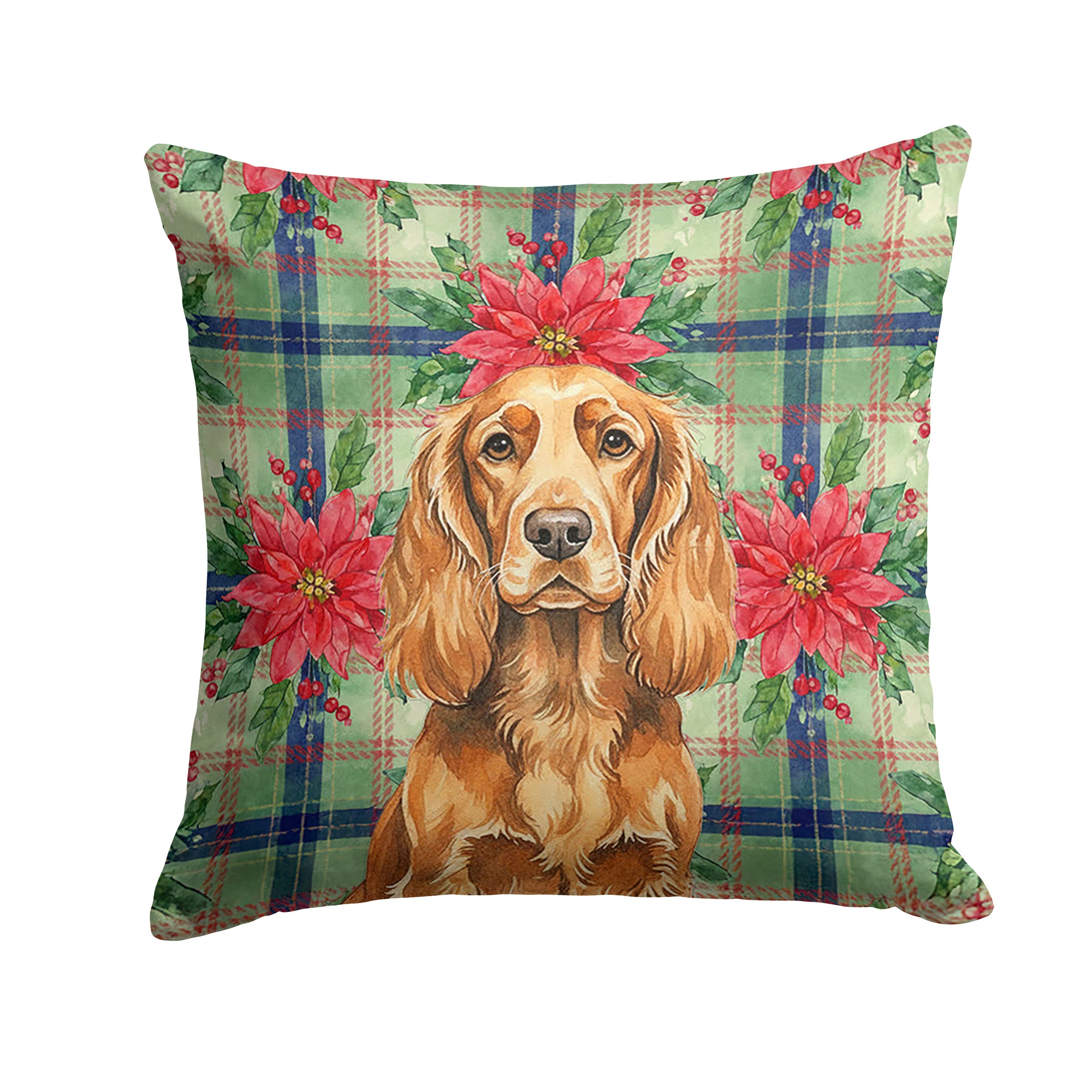Sussex Spaniel Christmas PoinsettIas Decorative Throw Pillow 14x14 Indoor Outdoor Accent Cushion, Fabric Cover with Insert for Sofa, Bed, Porch & Living Room