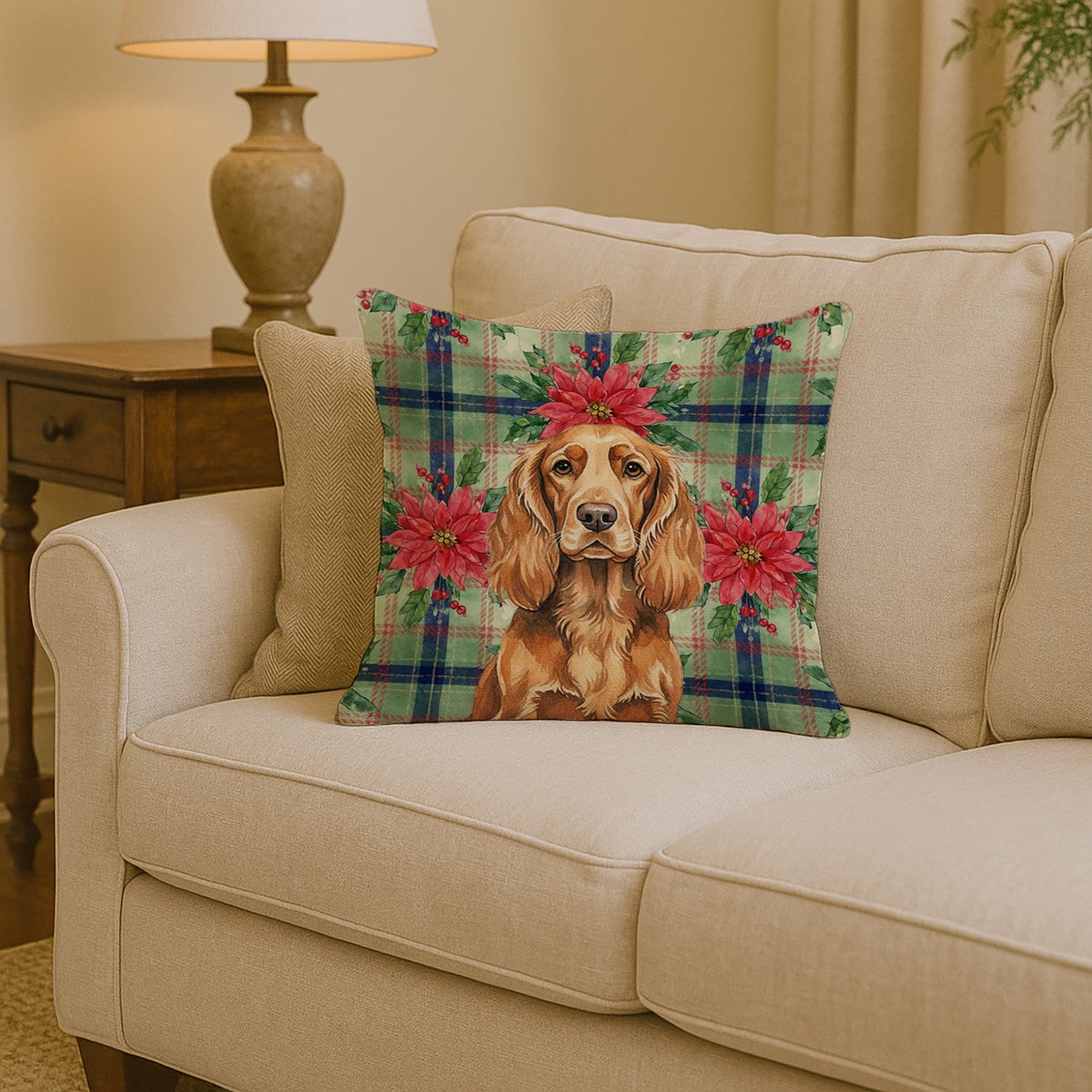 Sussex Spaniel Christmas PoinsettIas Decorative Throw Pillow 14x14 Indoor Outdoor Accent Cushion, Fabric Cover with Insert for Sofa, Bed, Porch & Living Room