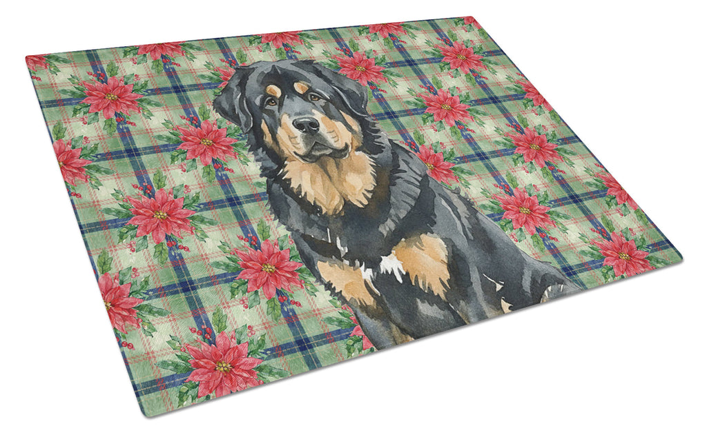 Black and Tan Tibetan Mastiff Christmas PoinsettIas Cutting Board Tempered Glass Kitchen Cutting Surface, Heat Resistant Chopping, Non-Slip Feet, Food Prep & Serving