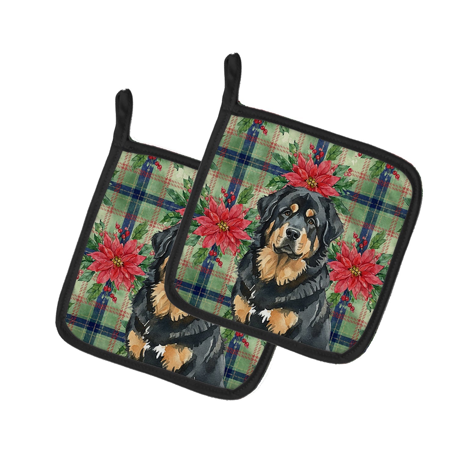 Black and Tan Tibetan Mastiff Christmas PoinsettIas Pot Holder Set of 2 Heat Resistant Quilted Hot Pads 7.5 x 7.5 Inch, Insulated Kitchen Trivets for Cooking & Baking