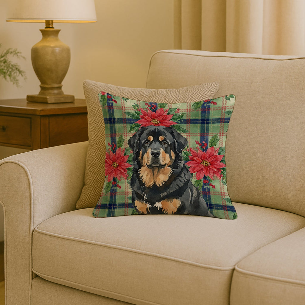 Black and Tan Tibetan Mastiff Christmas PoinsettIas Decorative Throw Pillow 18x18 Indoor Outdoor Accent Cushion, Fabric Cover with Insert for Sofa, Bed, Porch & Living Room