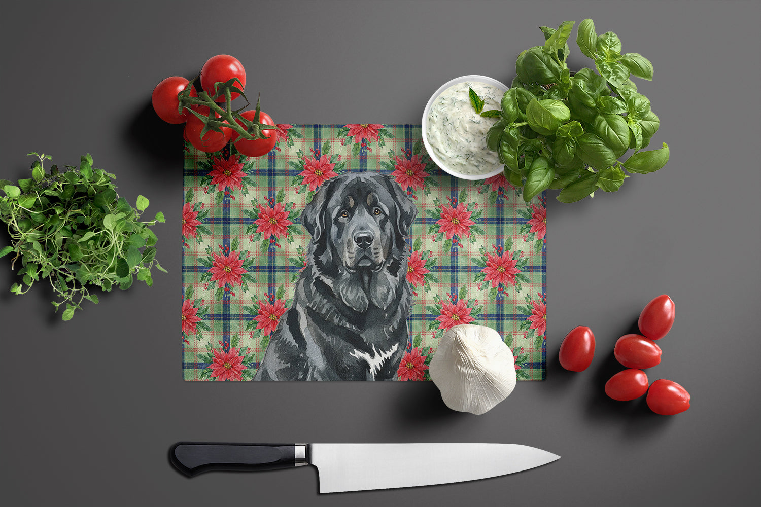 Black Tibetan Mastiff Christmas PoinsettIas Cutting Board Tempered Glass Kitchen Cutting Surface, Heat Resistant Chopping, Non-Slip Feet, Food Prep & Serving