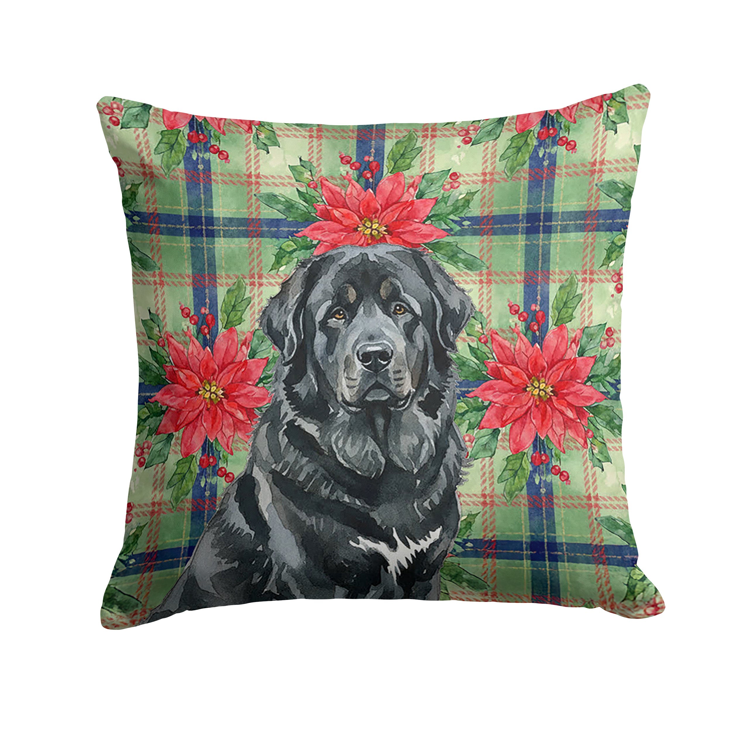 Black Tibetan Mastiff Christmas PoinsettIas Decorative Throw Pillow 14x14 Indoor Outdoor Accent Cushion, Fabric Cover with Insert for Sofa, Bed, Porch & Living Room