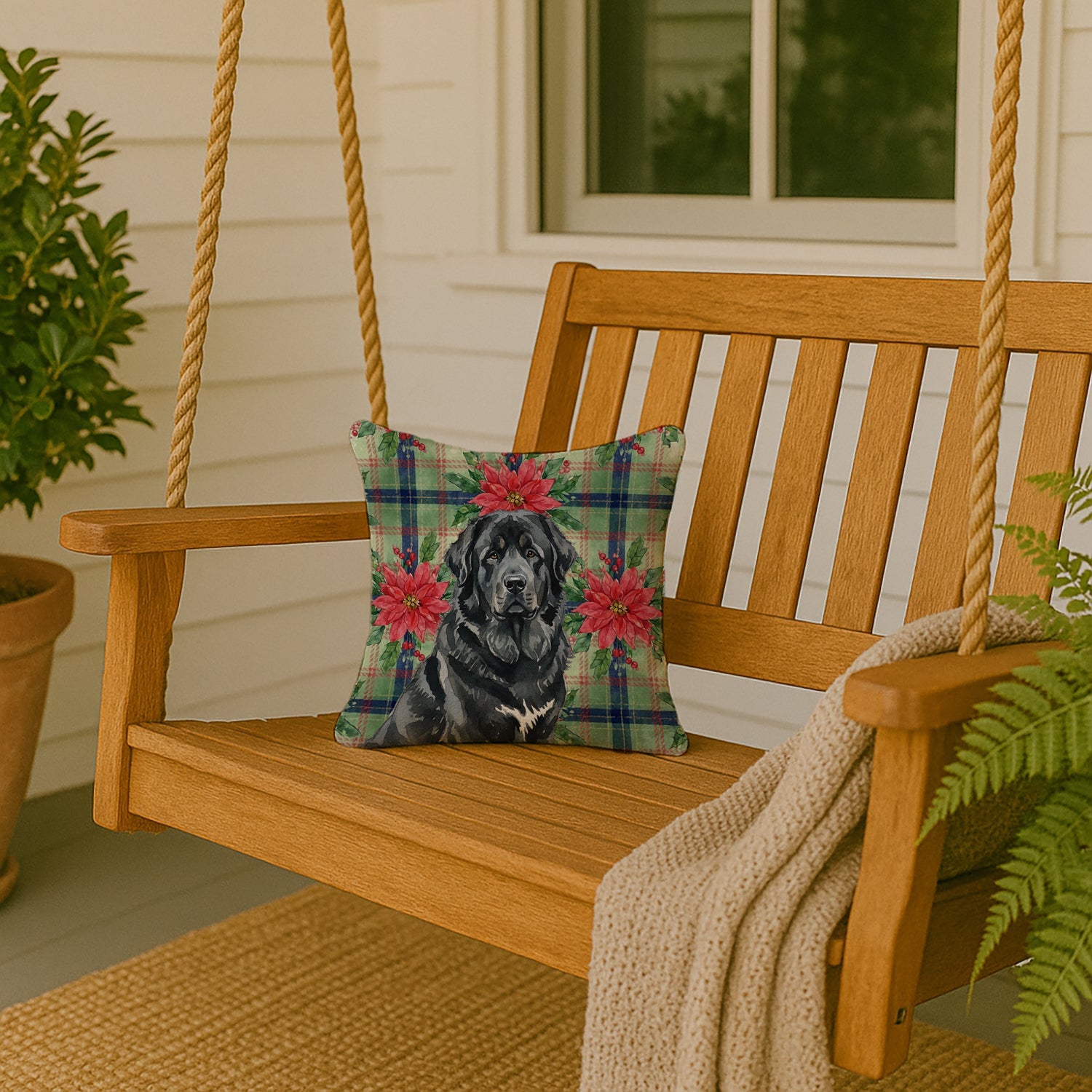 Black Tibetan Mastiff Christmas PoinsettIas Decorative Throw Pillow 14x14 Indoor Outdoor Accent Cushion, Fabric Cover with Insert for Sofa, Bed, Porch & Living Room