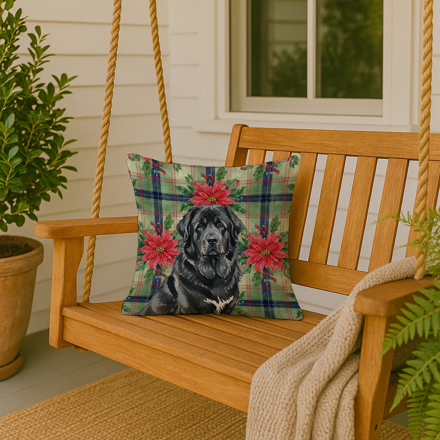 Black Tibetan Mastiff Christmas PoinsettIas Decorative Throw Pillow 18x18 Indoor Outdoor Accent Cushion, Fabric Cover with Insert for Sofa, Bed, Porch & Living Room