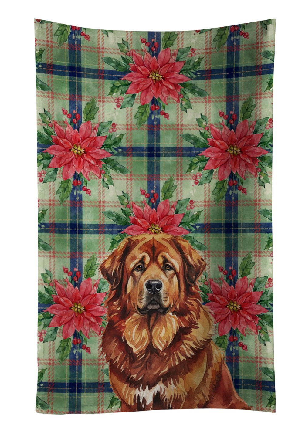 Red Gold Tibetan Mastiff Christmas PoinsettIas Kitchen Towel Velour Plush Front and Cotton Loop Back Machine Washable
