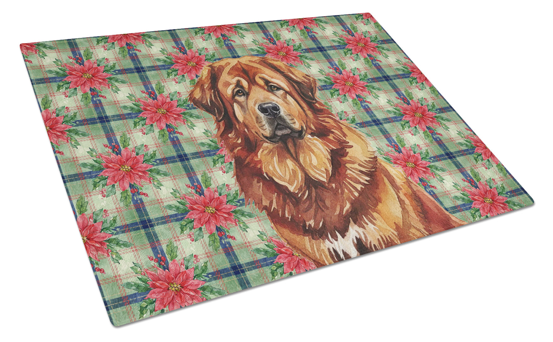 Red Gold Tibetan Mastiff Christmas PoinsettIas Cutting Board Tempered Glass Kitchen Cutting Surface, Heat Resistant Chopping, Non-Slip Feet, Food Prep & Serving