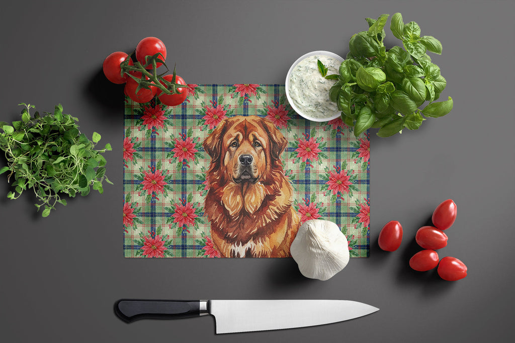 Red Gold Tibetan Mastiff Christmas PoinsettIas Cutting Board Tempered Glass Kitchen Cutting Surface, Heat Resistant Chopping, Non-Slip Feet, Food Prep & Serving
