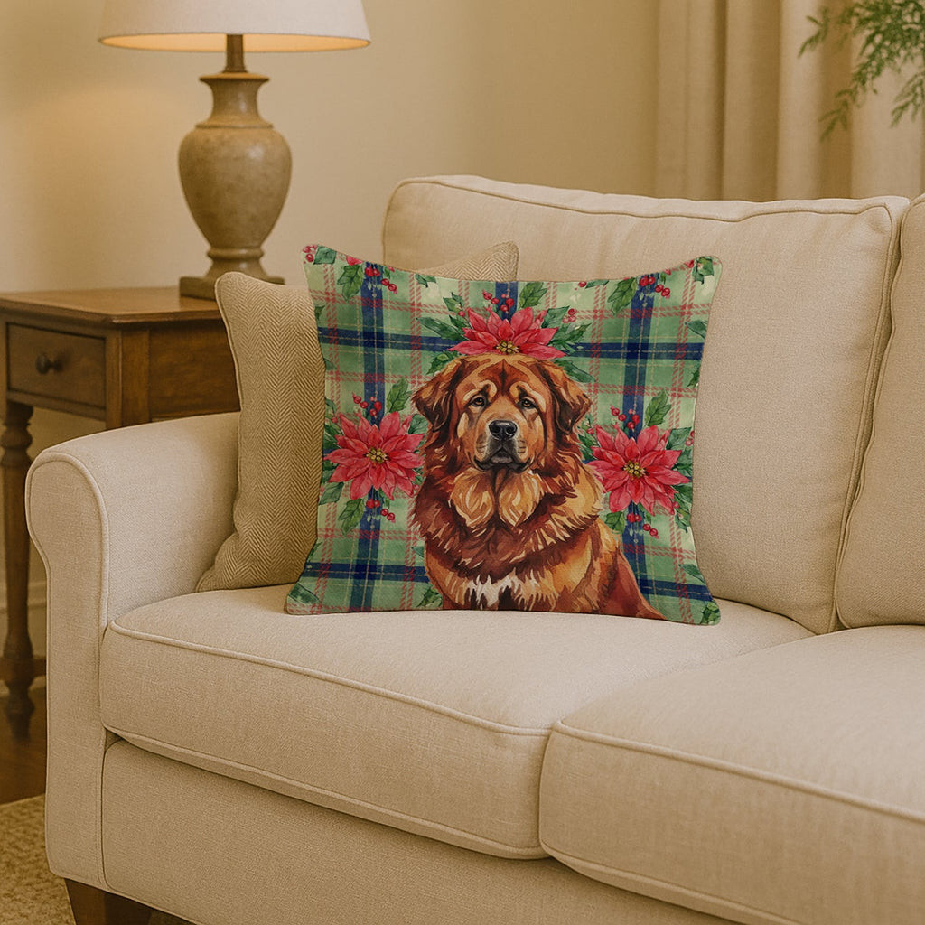Red Gold Tibetan Mastiff Christmas PoinsettIas Decorative Throw Pillow 14x14 Indoor Outdoor Accent Cushion, Fabric Cover with Insert for Sofa, Bed, Porch & Living Room