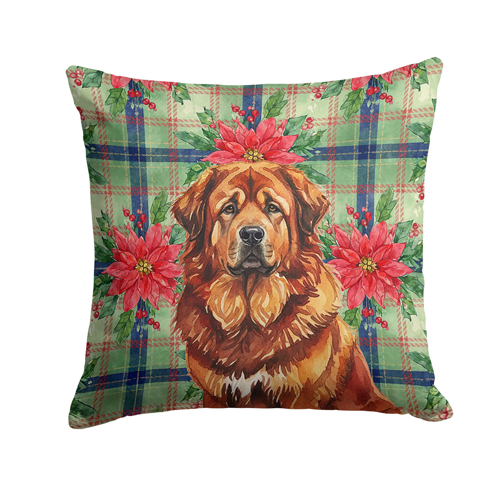 Red Gold Tibetan Mastiff Christmas PoinsettIas Decorative Throw Pillow 18x18 Indoor Outdoor Accent Cushion, Fabric Cover with Insert for Sofa, Bed, Porch & Living Room