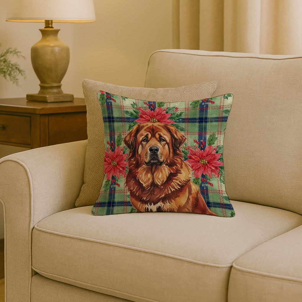 Red Gold Tibetan Mastiff Christmas PoinsettIas Decorative Throw Pillow 18x18 Indoor Outdoor Accent Cushion, Fabric Cover with Insert for Sofa, Bed, Porch & Living Room