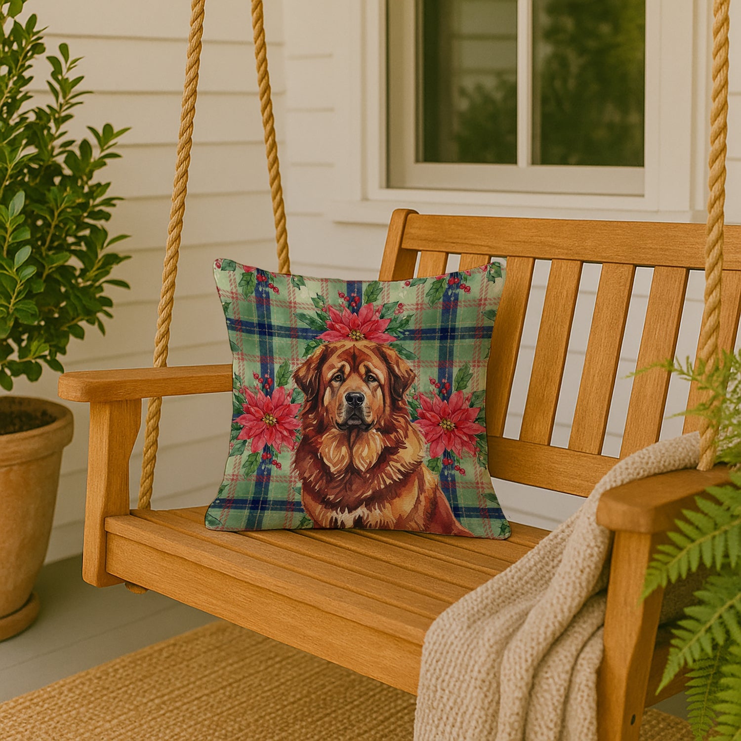 Red Gold Tibetan Mastiff Christmas PoinsettIas Decorative Throw Pillow 18x18 Indoor Outdoor Accent Cushion, Fabric Cover with Insert for Sofa, Bed, Porch & Living Room